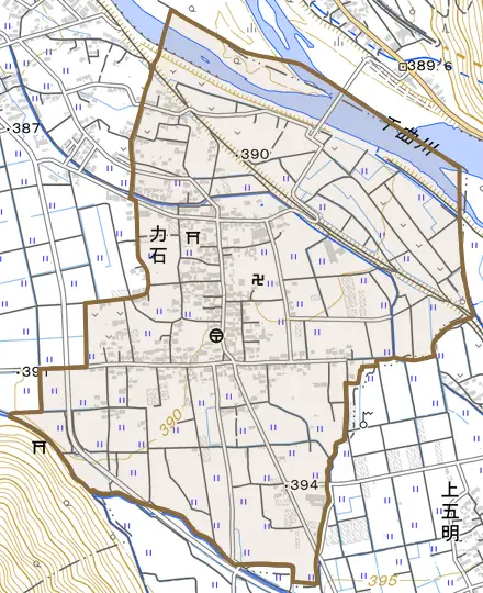 大字力石とその周辺の地図。町の範囲を重ねている