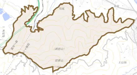大字羽尾とその周辺の地図。町の範囲を重ねている