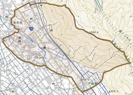 大字寂蒔とその周辺の地図。町の範囲を重ねている