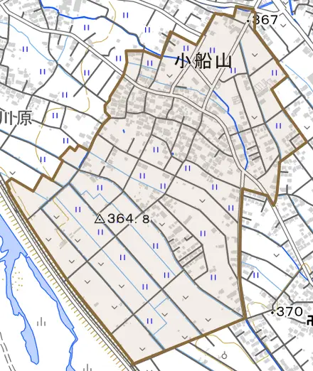 大字小船山とその周辺の地図。町の範囲を重ねている