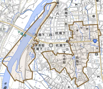大字杭瀬下とその周辺の地図。町の範囲を重ねている