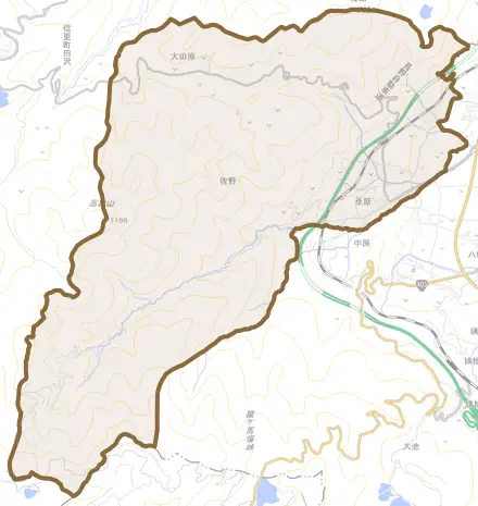 大字桑原とその周辺の地図。町の範囲を重ねている