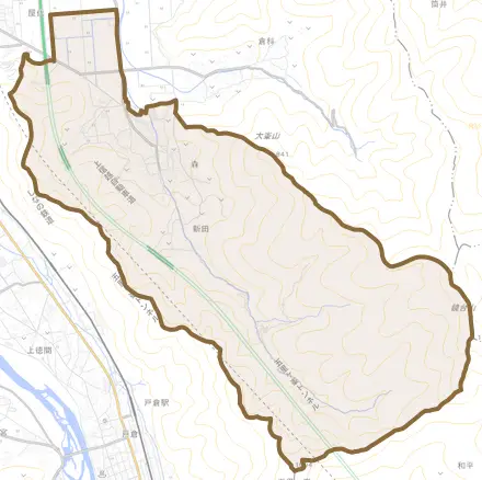 大字森とその周辺の地図。町の範囲を重ねている