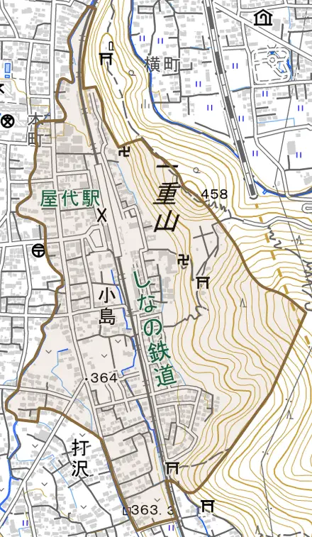 大字小島とその周辺の地図。町の範囲を重ねている