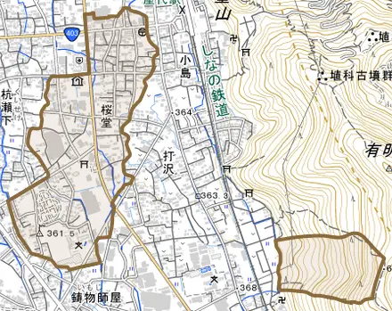 大字桜堂とその周辺の地図。町の範囲を重ねている