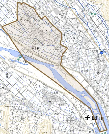 大字千本柳とその周辺の地図。町の範囲を重ねている