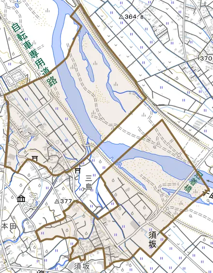 大字須坂とその周辺の地図。町の範囲を重ねている