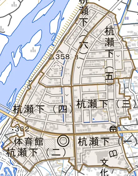 杭瀬下とその周辺の地図。町の範囲を重ねている