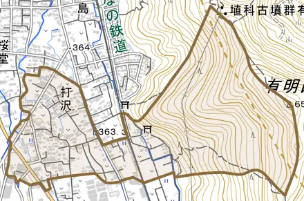 大字打沢とその周辺の地図。町の範囲を重ねている