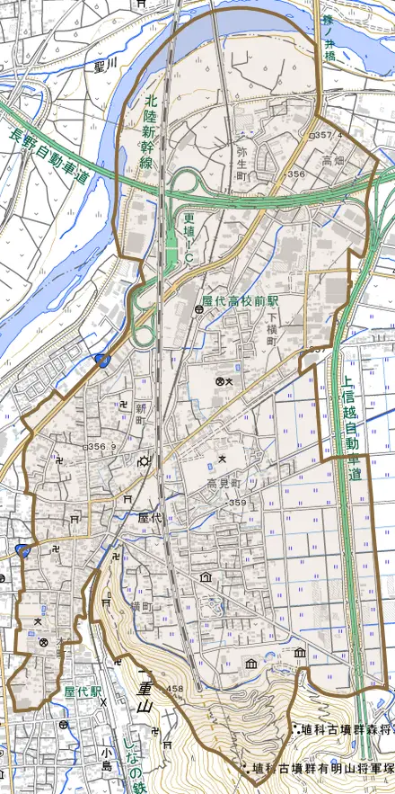 大字屋代とその周辺の地図。町の範囲を重ねている