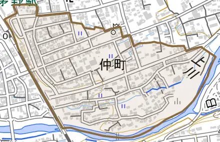 仲町とその周辺の地図。町の範囲を重ねている