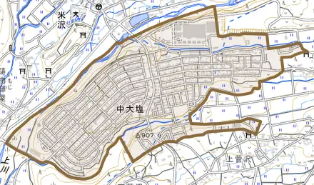中大塩とその周辺の地図。町の範囲を重ねている