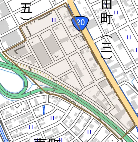 中沖とその周辺の地図。町の範囲を重ねている