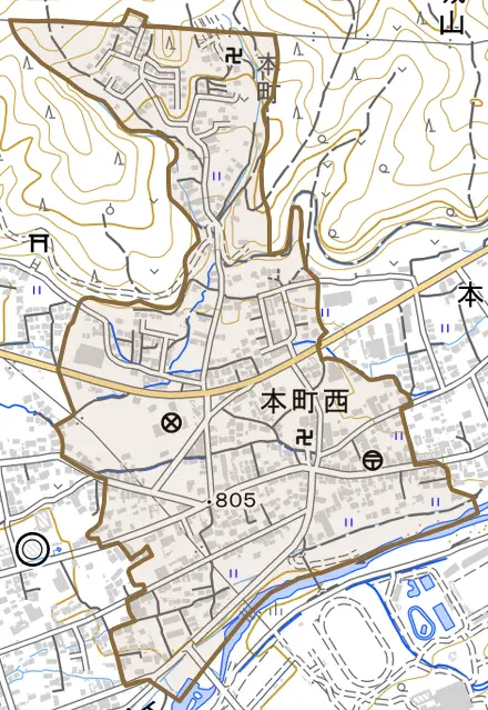 本町西とその周辺の地図。町の範囲を重ねている