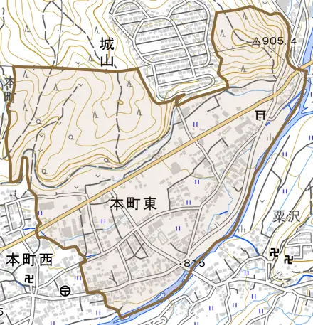 本町東とその周辺の地図。町の範囲を重ねている