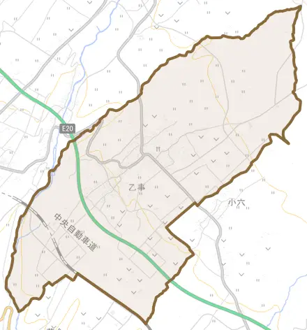 乙事とその周辺の地図。町の範囲を重ねている