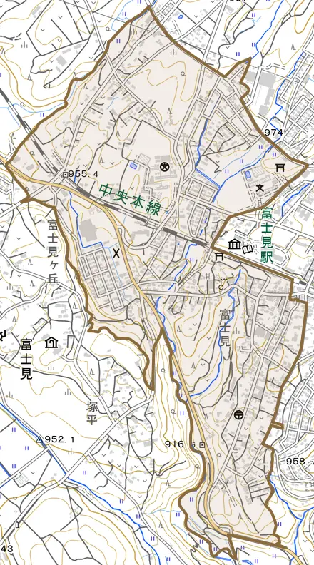 富士見とその周辺の地図。町の範囲を重ねている