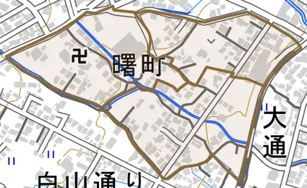 曙町とその周辺の地図。町の範囲を重ねている