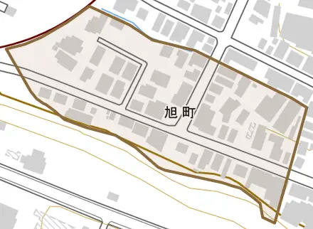 旭町とその周辺の地図。町の範囲を重ねている