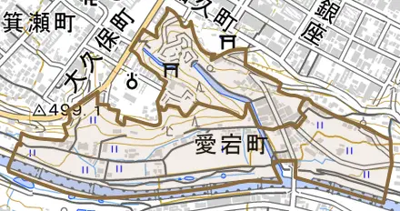 愛宕町とその周辺の地図。町の範囲を重ねている