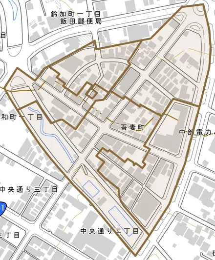 吾妻町とその周辺の地図。町の範囲を重ねている