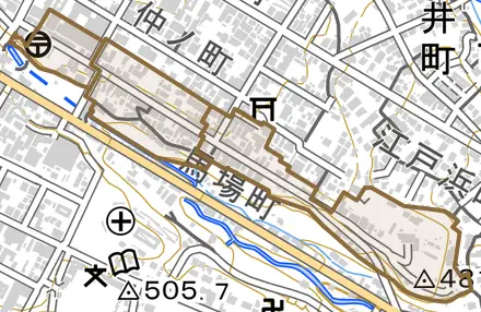 馬場町とその周辺の地図。町の範囲を重ねている