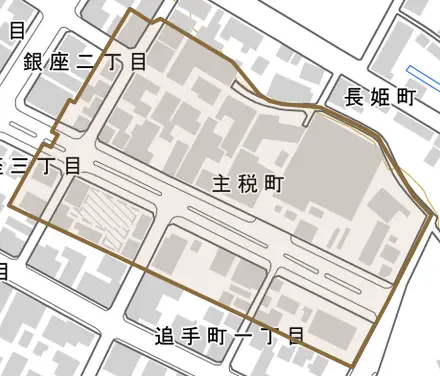 主税町とその周辺の地図。町の範囲を重ねている