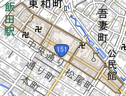 中央通りとその周辺の地図。町の範囲を重ねている