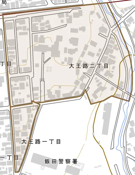 大王路とその周辺の地図。町の範囲を重ねている