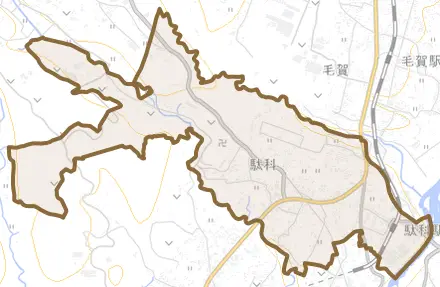 駄科とその周辺の地図。町の範囲を重ねている