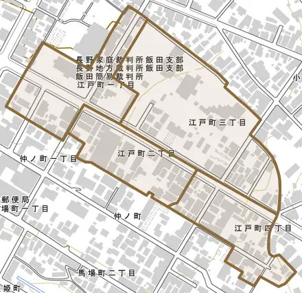江戸町とその周辺の地図。町の範囲を重ねている