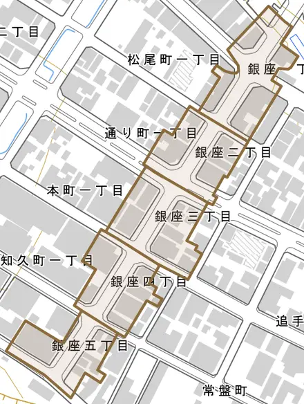 銀座とその周辺の地図。町の範囲を重ねている