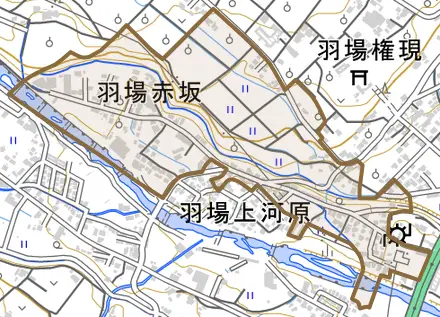羽場赤坂とその周辺の地図。町の範囲を重ねている