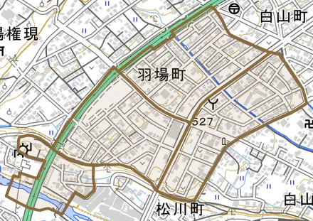 羽場町とその周辺の地図。町の範囲を重ねている