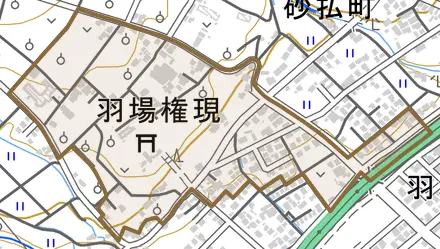 羽場権現とその周辺の地図。町の範囲を重ねている