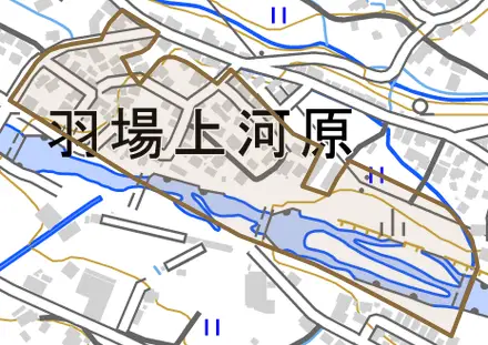 羽場上河原とその周辺の地図。町の範囲を重ねている