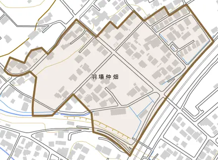 羽場仲畑とその周辺の地図。町の範囲を重ねている