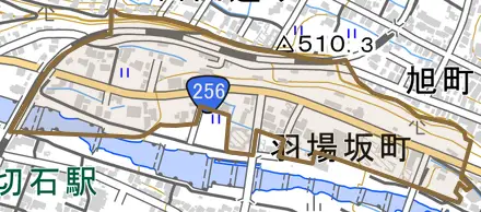 羽場坂町とその周辺の地図。町の範囲を重ねている