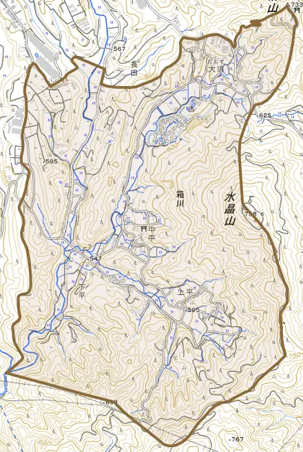 箱川とその周辺の地図。町の範囲を重ねている