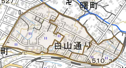 白山通りとその周辺の地図。町の範囲を重ねている