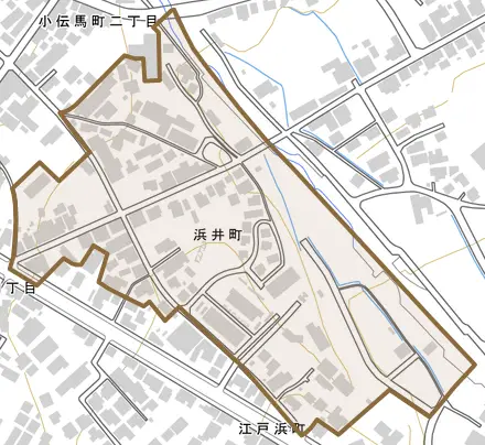 浜井町とその周辺の地図。町の範囲を重ねている