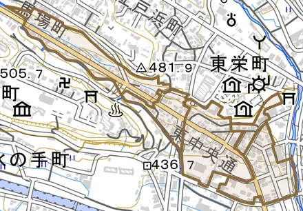 東中央通とその周辺の地図。町の範囲を重ねている