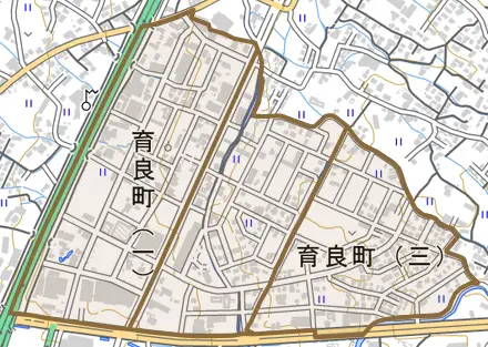 育良町とその周辺の地図。町の範囲を重ねている