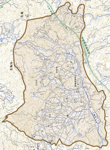 伊豆木とその周辺の地図。町の範囲を重ねている