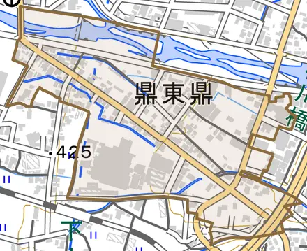 鼎東鼎とその周辺の地図。町の範囲を重ねている