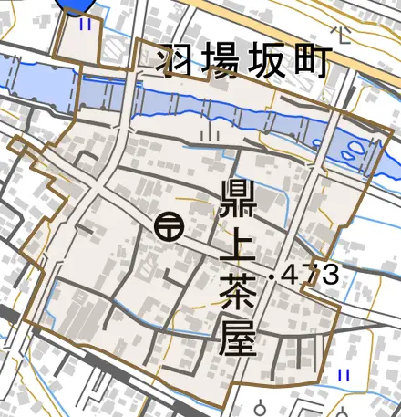 鼎上茶屋とその周辺の地図。町の範囲を重ねている