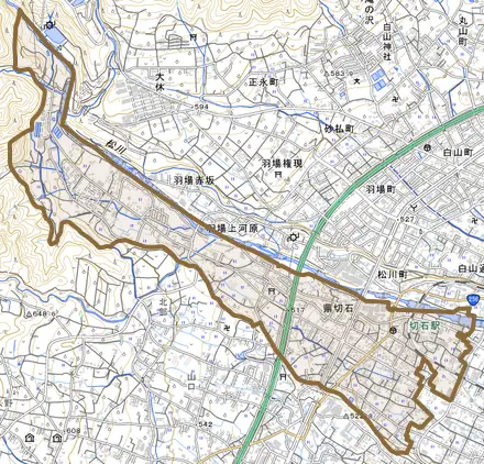 鼎切石とその周辺の地図。町の範囲を重ねている