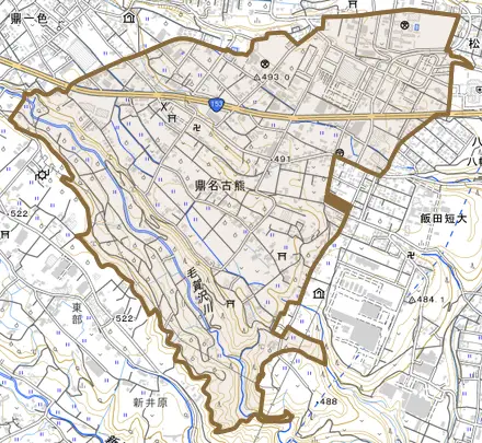鼎名古熊とその周辺の地図。町の範囲を重ねている