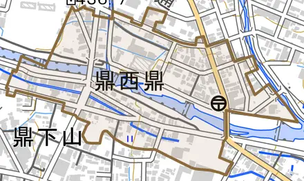 鼎西鼎とその周辺の地図。町の範囲を重ねている