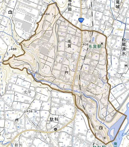 毛賀とその周辺の地図。町の範囲を重ねている